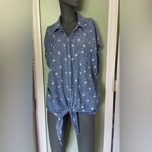 OLD NAVY Oversized Top 3X Blue Palm Trees Button Up Linen Blend Summer Beachy
